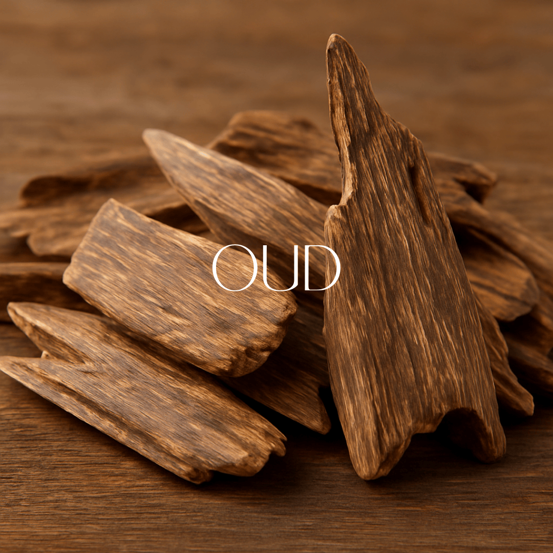 Close-up image of a large, textured piece of natural oud wood, showing its dark, rich grain and intricate, rugged surface patterns.